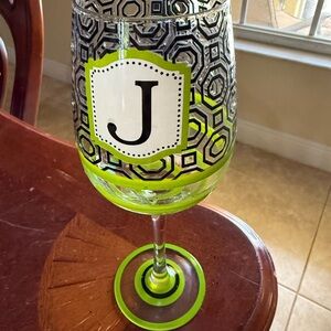 Geometric Patterned Wine Glass with Green Accents